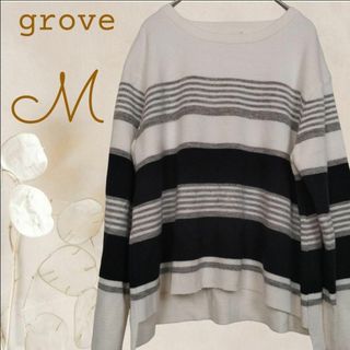 grove - b2116【グローブ】長袖 春ニット 白×黒 配色ボーダーMオフィス大人ニット