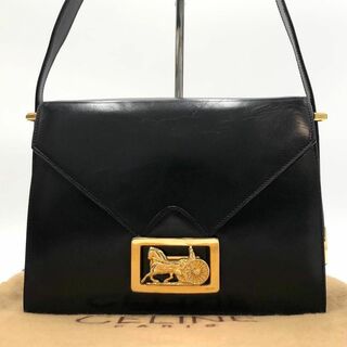 【高級】CELINE ショルダーバッグ 馬車金具 ボックスカーフ レザー 黒