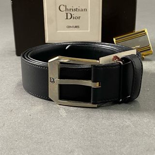 クリスチャンディオール(Christian Dior)の1e19 《美品》 Christian Dior クリスチャン ディオール レザーベルト 替えバックル 紳士用 ブラック leather 箱付属(ベルト)