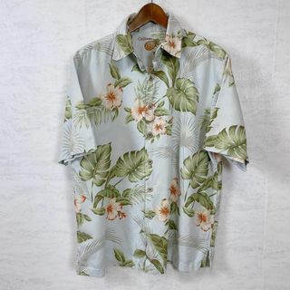 55％シルク　半袖アロハシャツ　花柄ボタニカル　サイズＬ　青緑　メンズ　古着(シャツ)