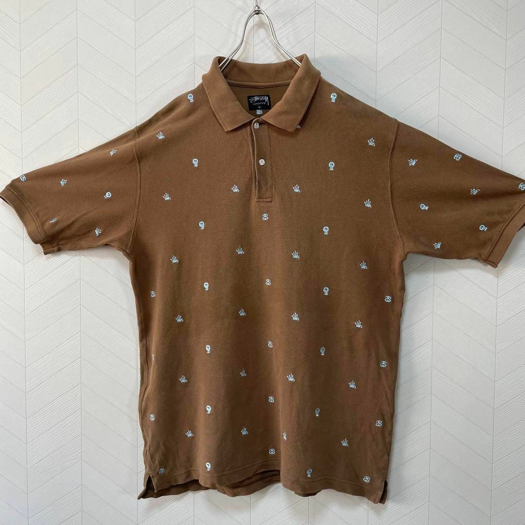 STUSSY(ステューシー)の00s OLD STUSSY ポロシャツ 総柄 刺繍 ロゴ スカル 王冠 L メンズのトップス(ポロシャツ)の商品写真