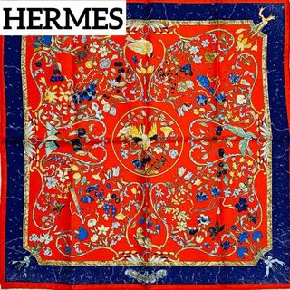 エルメス(Hermes)の極美品 ★HERMES★ ミニスカーフ プチカレ カレ40 花 鳥 レッド(バンダナ/スカーフ)