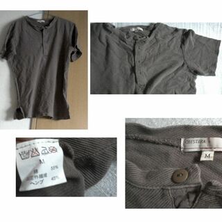 綿　ヘンプ　ヘンリーネック　ブラウン　茶色　Mサイズ(Tシャツ/カットソー(半袖/袖なし))