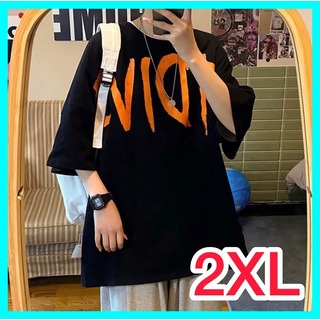 プリントTシャツ　オレンジ　ブラック　メンズ　オーバーサイズ　半袖(Tシャツ/カットソー(半袖/袖なし))