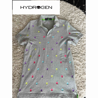 ハイドロゲン(HYDROGEN)の美品 ハイドロゲン マルチカラースカルロゴ刺繍 ポロシャツ グレー sサイズ(ポロシャツ)