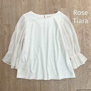 ローズティアラ(Rose Tiara)のローズティアラ＊シフォン楊柳プリーツ切替カットソー　白　ホワイト　サイズ42(カットソー(長袖/七分))