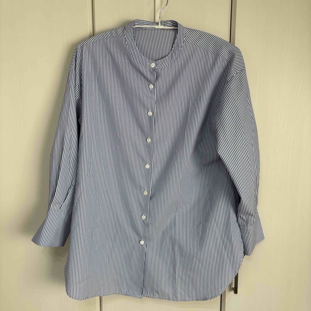 ur's(ユアーズ)のur's  釦バックスリットチュニックシャツ ブルー ノーカラー ストライプ レディースのトップス(シャツ/ブラウス(長袖/七分))の商品写真