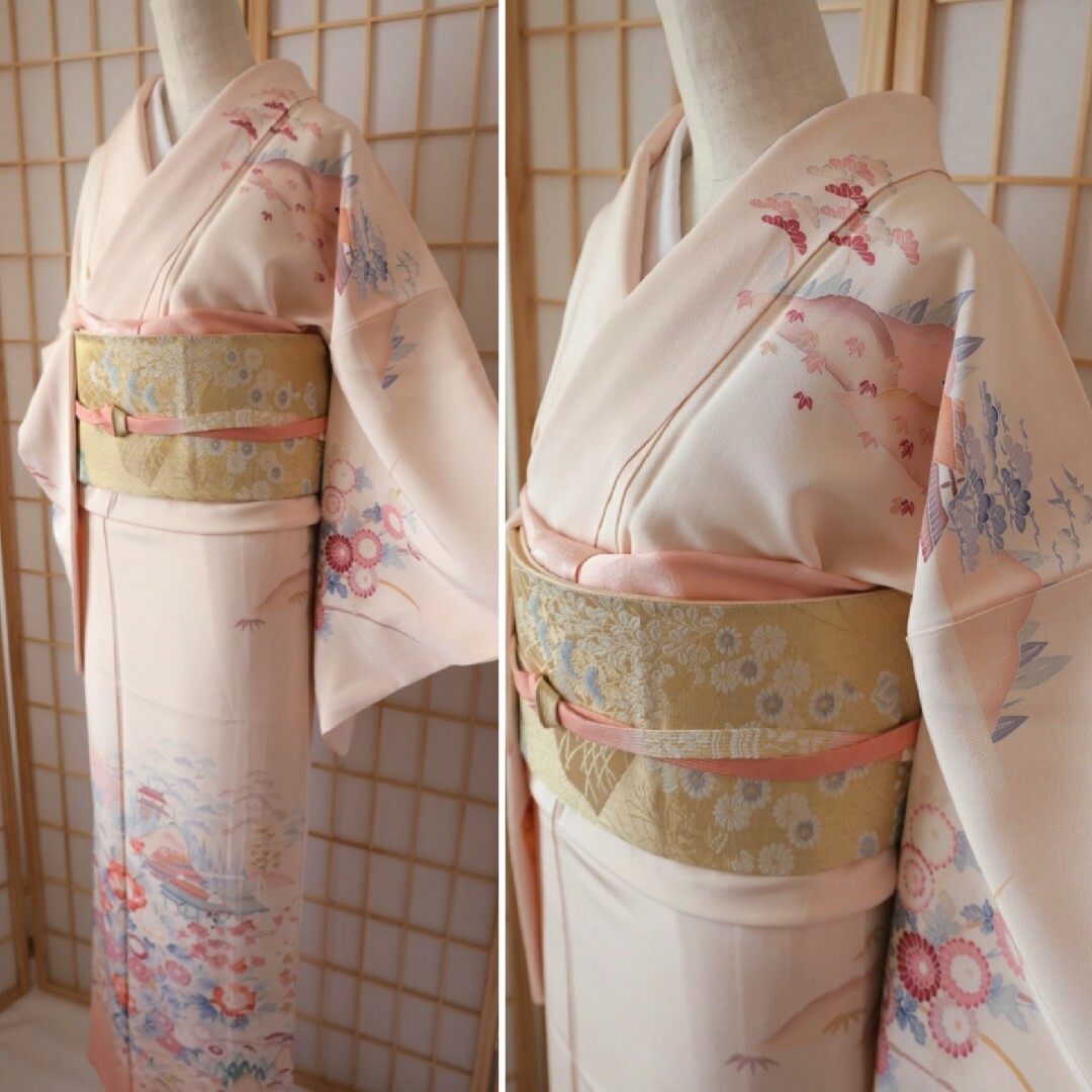 裄67.5cm ピンク地花々訪問着セット 作家 正絹 飲みこま 袷 着物 裄67.5cm ピンク地花々訪問着セット 作家 正絹 飲みこま 袷 着物