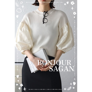 ボンジュールサガン(BONJOUR SAGAN)のBonjour sagan  異素材パフスリーブニットトップス　ホワイト(ニット/セーター)