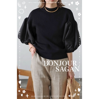 ボンジュールサガン(BONJOUR SAGAN)のBonjour sagan  異素材パフスリーブニットトップス　ブラック(ニット/セーター)