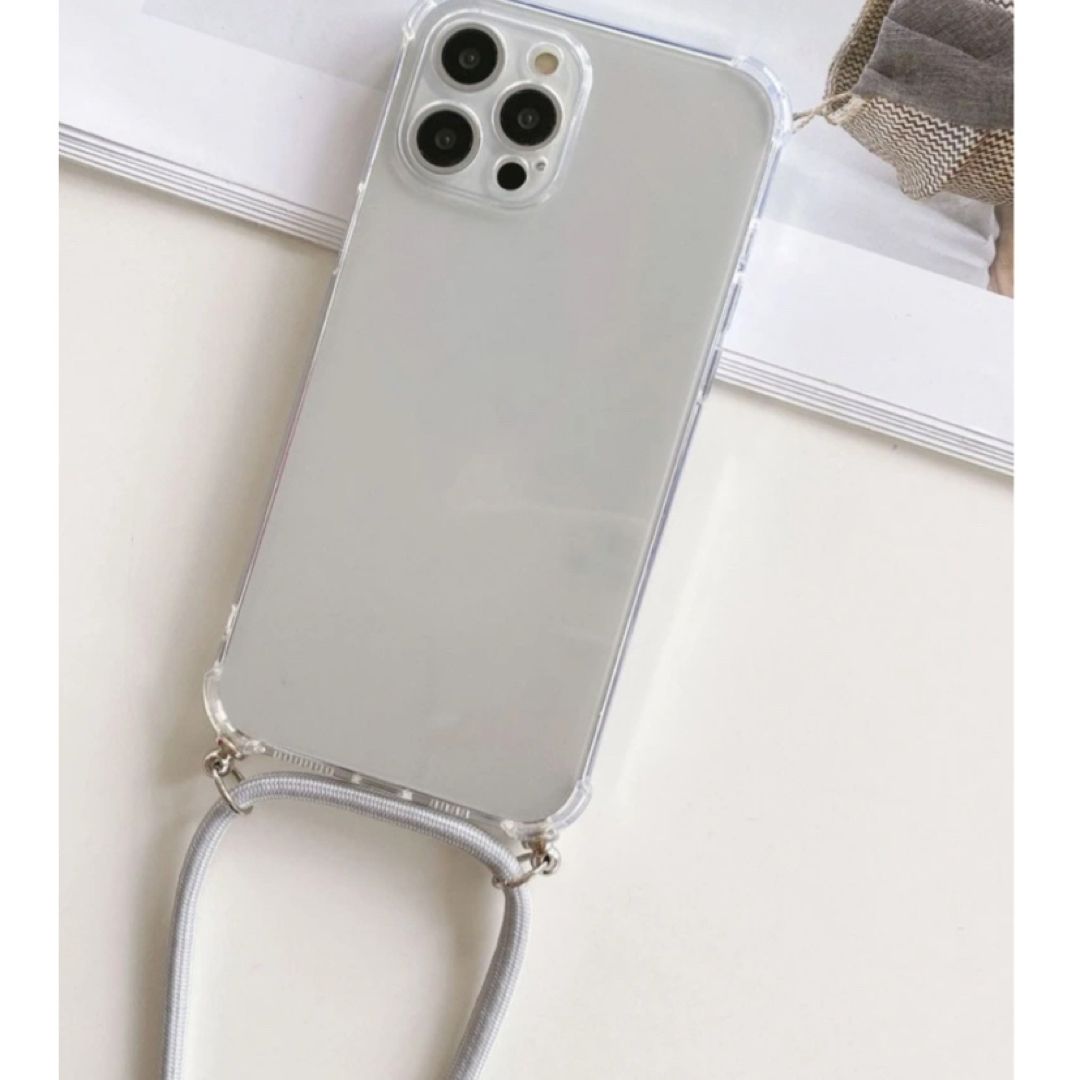 【iPhone14Plusケース】ストラップ　ショルダー　グレー　紐　クリア スマホ/家電/カメラのスマホアクセサリー(iPhoneケース)の商品写真