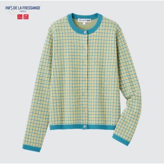 ユニクロ(UNIQLO)のユニクロ　イネス　ジャカードクルーネックカーディガン　L　64BLUE (カーディガン)