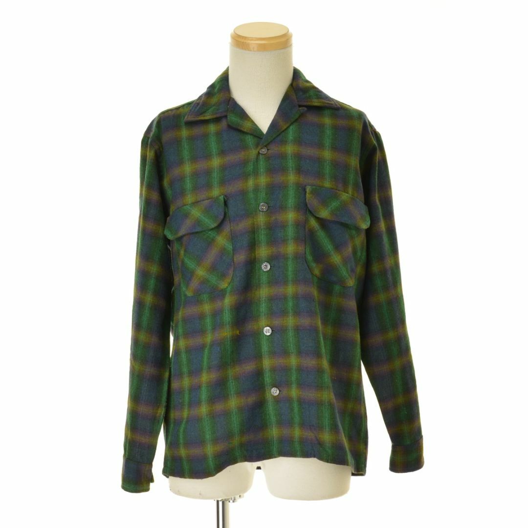 SEARS】60s オンブレチェック ウール混 オープンカラー長袖 SEARS】60s オンブレチェック ウール混 オープンカラー長袖