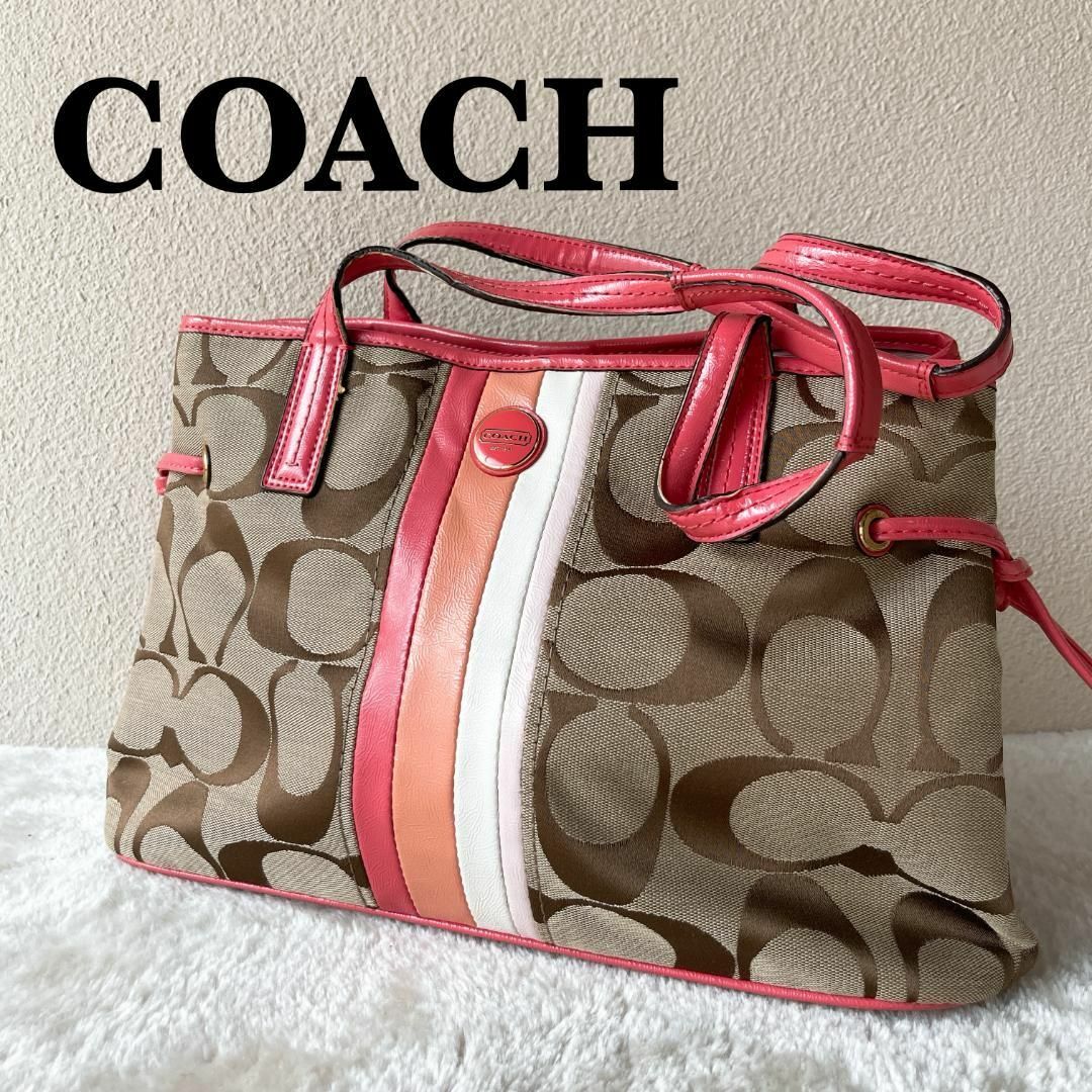 COACH(コーチ)の美品✨COACHコーチセミショルダーバッグトートバッグシグネチャーブラウンピンク レディースのバッグ(ショルダーバッグ)の商品写真