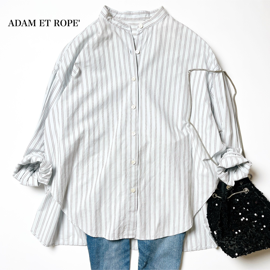AER ADAM ET ROPE(アダムエロペ)のアダムエロペ　長袖シャツ　バンドカラー　ストライプ　グリーン　オーバーサイズ レディースのトップス(シャツ/ブラウス(長袖/七分))の商品写真