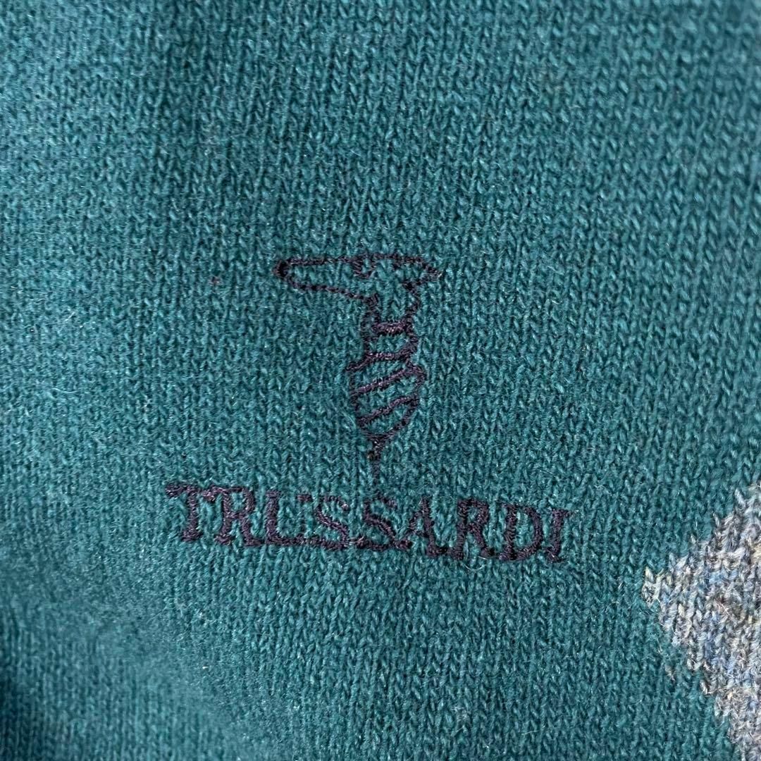 Trussardi(トラサルディ)のイタリア製 トラサルディ カーディガン アーガイル 青緑 刺繍ロゴ ゆるだぼ メンズのトップス(カーディガン)の商品写真