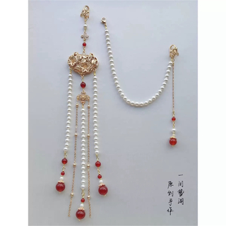 花絲平安鎖真珠赤珠赤襟　白赤金色ブローチ　中華風　縁起物　結婚式　成人式　漢服(コサージュ/ブローチ)