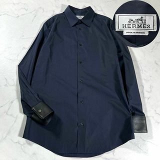 エルメス(Hermes)の【極美品】HERMES エルメス　セリエボタン　レザー切り替えカフス長袖シャツ(Tシャツ/カットソー(七分/長袖))