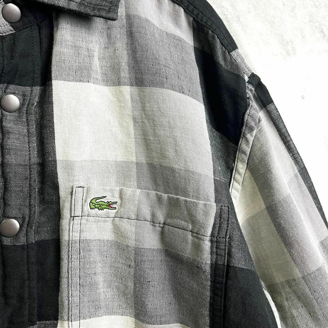 LACOSTE(ラコステ)の希少 ラコステ リバーシブルシャツ 刺繍ロゴ 綿麻 黒×チェック M メンズのトップス(シャツ)の商品写真