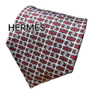 エルメス(Hermes)の【HERMES】　エルメス　レッド×ホワイト系　総柄　フランス製(ネクタイ)