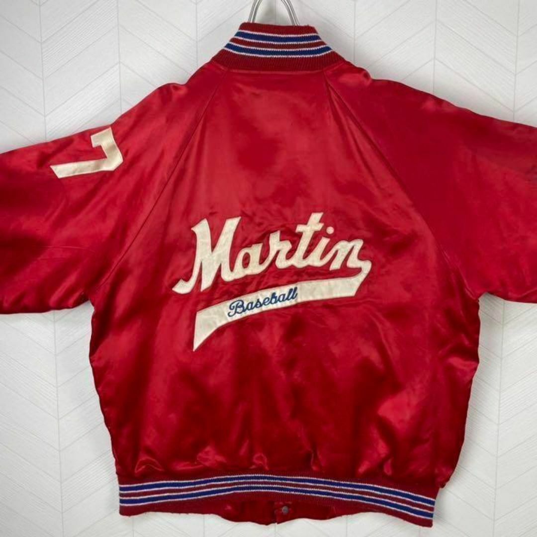 USA古着90s スタジャン ナイロン 両面ロゴ 太アーム ビックシルエット 赤 メンズのジャケット/アウター(ナイロンジャケット)の商品写真