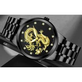 メンズ腕時計 金色 ブラック文字盤 金龍 3Dドラゴン 4針 アナログ(腕時計)