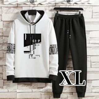 【再入荷】 セットアップ メンズ 部屋着 XL ユニセックス ペア 韓国 白黒(パーカー)