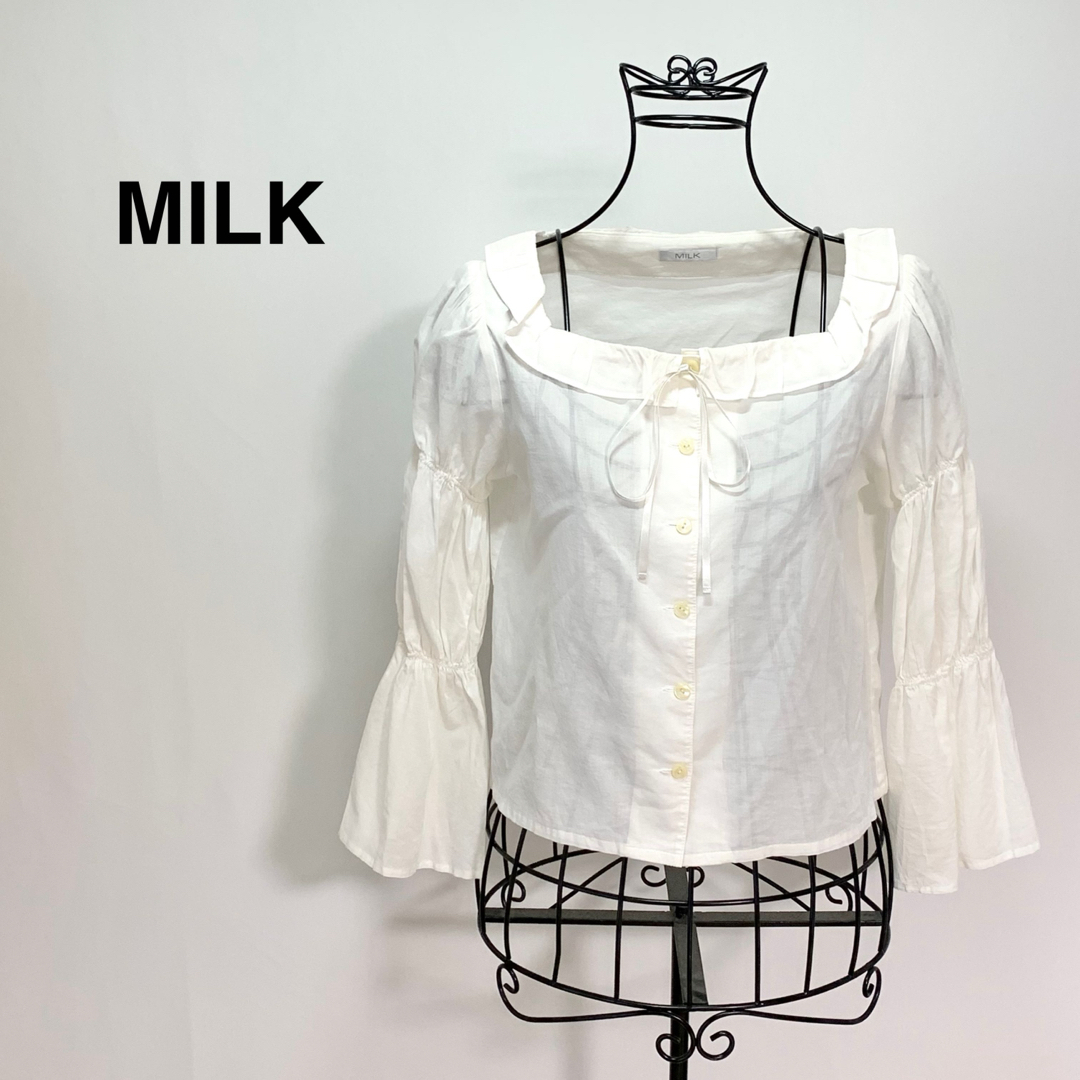 MILK(ミルク)の☆良品 ミルク ベルスリーブ スクエアネック フリル ブラウス シャツ 白 レディースのトップス(シャツ/ブラウス(長袖/七分))の商品写真