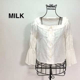 ミルク(MILK)の☆良品 ミルク ベルスリーブ スクエアネック フリル ブラウス シャツ 白(シャツ/ブラウス(長袖/七分))