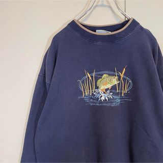 ヴィンテージ(VINTAGE)の【リンガースウェット、ビッグ刺繍ロゴ】ブラックバス魚　古着　アニマル柄90s(スウェット)