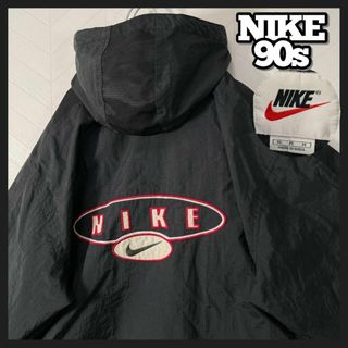 ナイキ(NIKE)の超激レア 90s NIKE ナイロンジャケット フーディ ゴツロゴ 黒 ゆるだぼ(ナイロンジャケット)