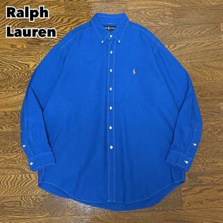 90s Ralph Lauren シャツ 長袖 ストライプ 青 ブルー 刺繍ロゴ