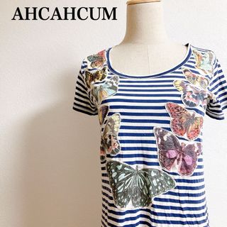 アチャチュムムチャチャ(AHCAHCUM.muchacha)のアチャチュム　AHCAHCUM ムチャチャ　半袖バタフライボーダーロングTシャツ(Tシャツ/カットソー(半袖/袖なし))