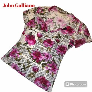 John Galliano - john galliano 花柄　薔薇　ニュースペーパー　プリント総柄　Tシャツ