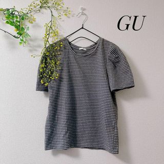 ジーユー(GU)のGU ジーユー タック スリーブ Tシャツ 半袖 ギンガム チェック グレー M(Tシャツ(半袖/袖なし))