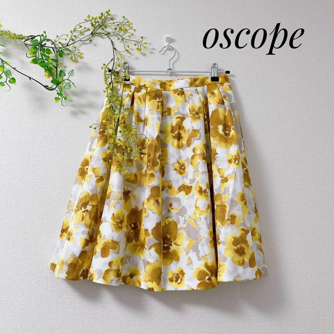 oscope オスコープ 花柄 総柄 レトロ スカート イエロー キレイめ M レディースのスカート(ひざ丈スカート)の商品写真