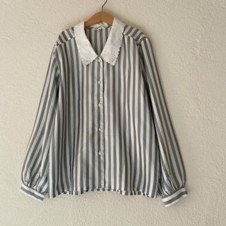 ヴィンテージ(VINTAGE)のvintageヴィンテージ昭和レトロ古着レース刺繍襟ストライプブラウス(シャツ/ブラウス(長袖/七分))