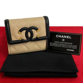 シャネル(CHANEL)の未使用 保管品 袋付き シール カード有 27番台 CHANEL シャネル キャビアスキン CCフィリグリー マトラッセ ココマーク 二つ折り財布 07490(財布)