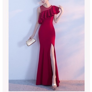 【新作入荷】ロングドレス タイトスカート 赤 Lサイズ アシメデザイン レース(ロングドレス)