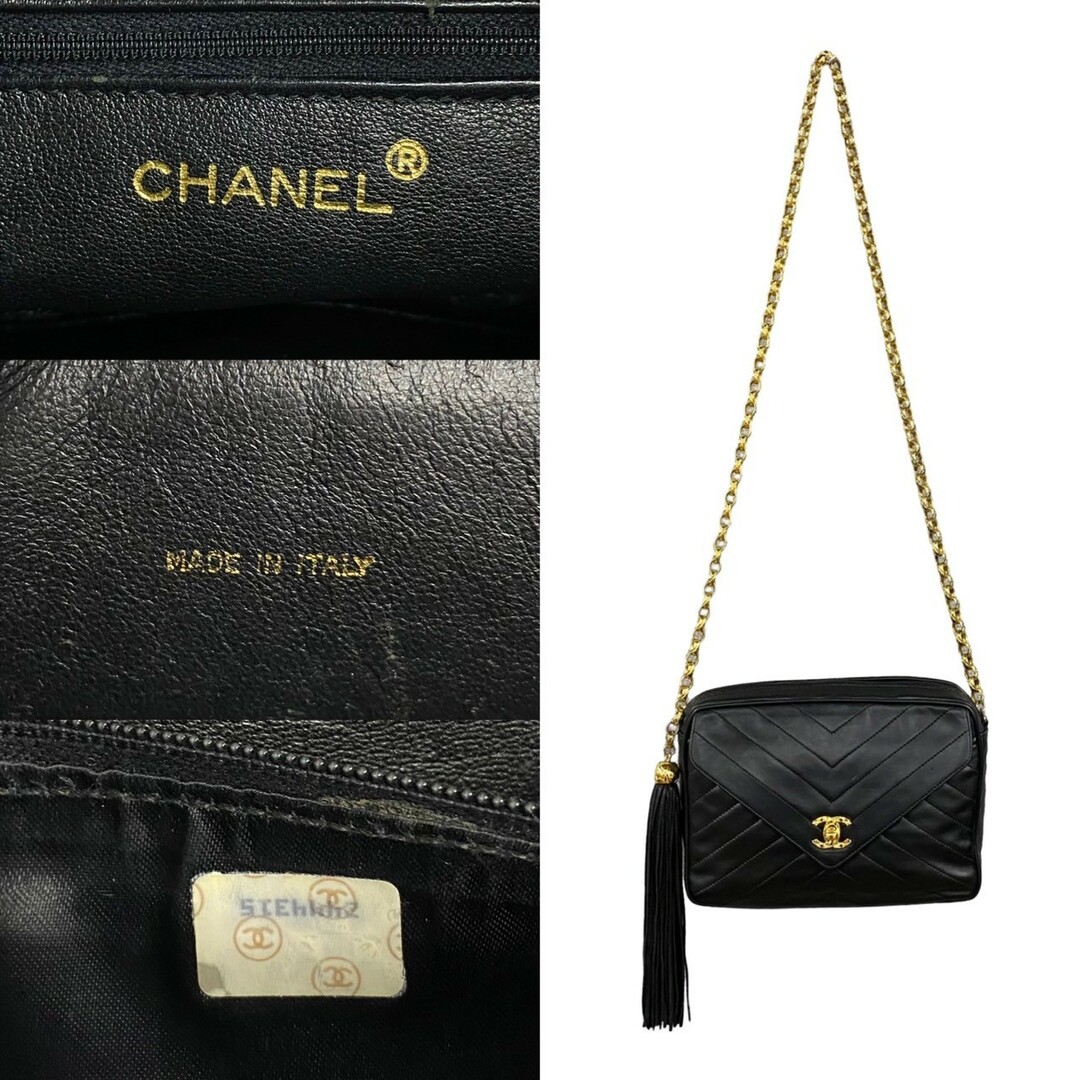 CHANEL(シャネル)の極 美品 シール有 2番台 CHANEL シャネル Vステッチ シェブロン ラムスキン レザー チェーン ショルダーバッグ ブラック  24214 レディースのバッグ(ショルダーバッグ)の商品写真