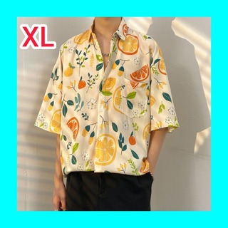 シャツ メンズ 半袖 XL 浅黄色 プリント 植物 フルーツ(シャツ)