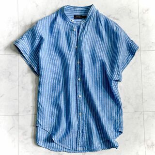 ポロラルフローレン リネンストライプシャツ 半袖 ブルー Mサイズ 近年モデル