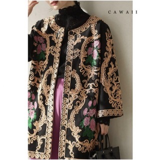 cawaii - French Pave 浮き立つ装飾と花刺繍のラグジュアリーなロング丈ジャケット