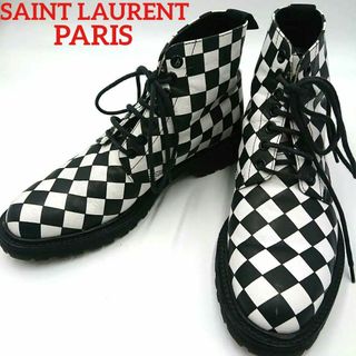 サンローラン(Saint Laurent)の☆美品☆サンローランパリ フラッグチェック ブーツ 24cm相当 レザー 黒白(ブーツ)