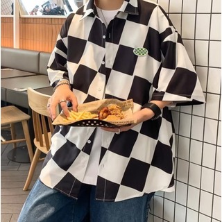 【送料込み】オセロ　ブロックチェック　シャツ　半袖　モノトーン　韓国　ストリート(シャツ)