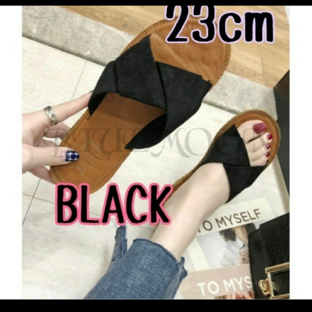 サンダル23cm カジュアル ペタンコ 黒 BLACK ビーチサンダル レディースの靴/シューズ(サンダル)の商品写真
