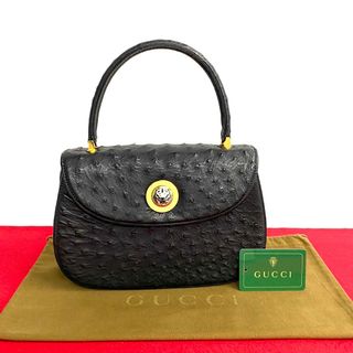 グッチ(Gucci)の未使用 保管品 希少品 GUCCI グッチ オールドグッチ ヴィンテージ タイガーヘッド オーストリッチ ハンドバッグ ブラック 28298(ハンドバッグ)