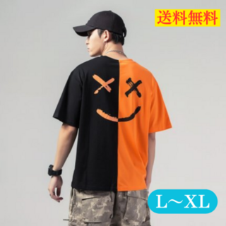 韓国 メンズ バイカラー ニコちゃん オレンジ ブラック(Tシャツ/カットソー(半袖/袖なし))