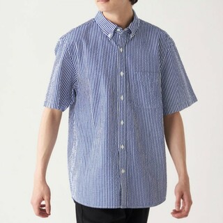 MUJI (無印良品) - 無印良品  洗いざらしサッカー織り ボタンダウン半袖シャツ メンズ ストライプ