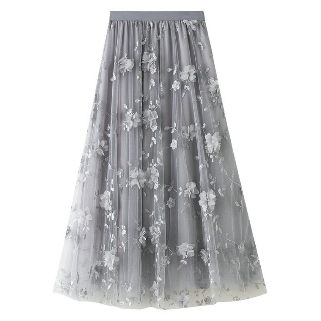 刺繍重ねレース　裏地付き　ロング丈　スカート  花柄　グレー　大きいサイズ レディースのスカート(ロングスカート)の商品写真